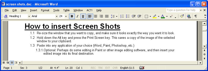 How to insert screen shots in Microsoft Word